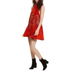 Free People Jill's Sequin Swing Velvet Halter Mini Dress Orange Sleeveless Large